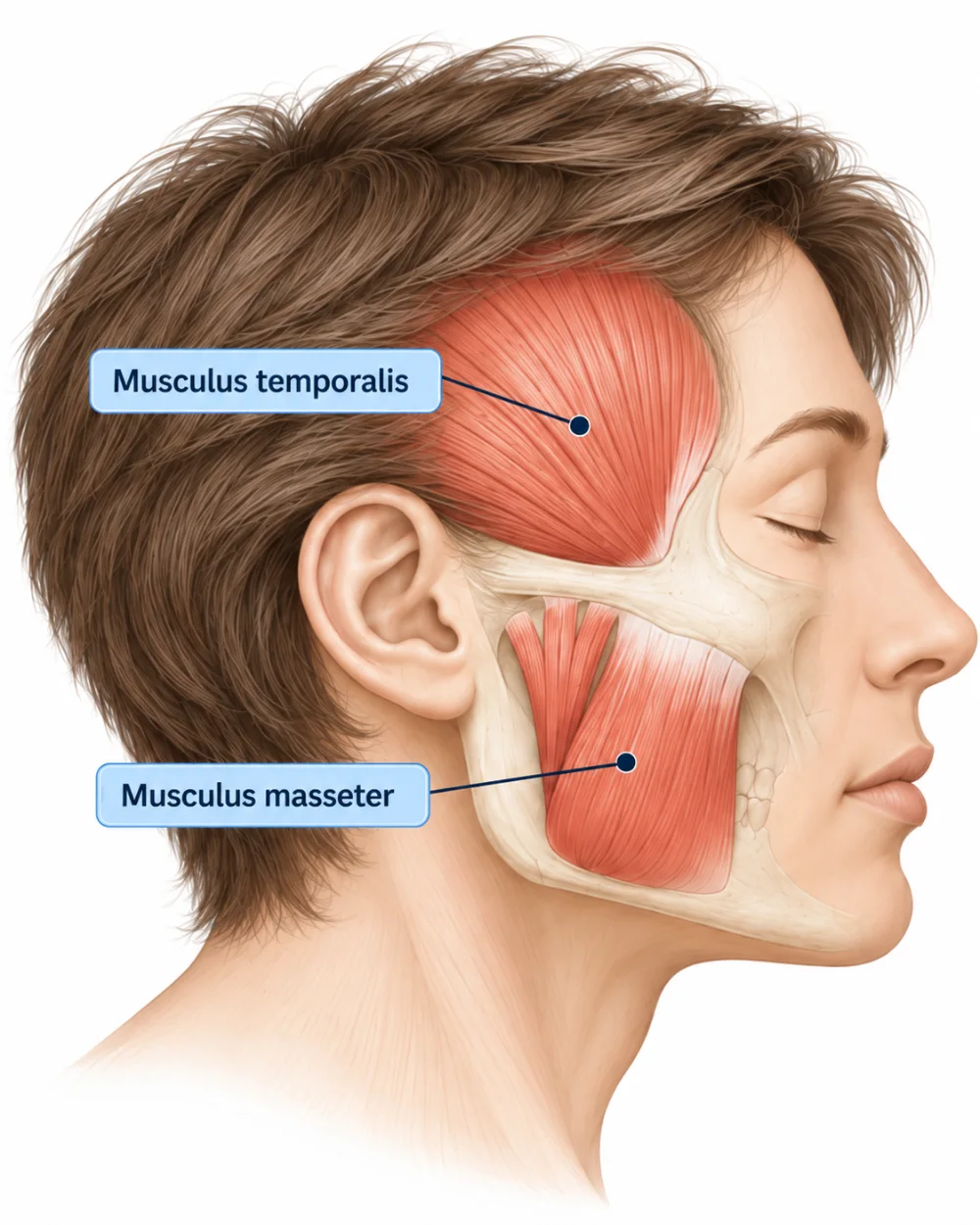 Kaumuskulatur: Musculus temporalis und Musculus masseter (Seitenansicht) Kaumuskulatur in der Seitenansicht: Musculus temporalis (Schläfenmuskel) und Musculus masseter (grosser Kaumuskel), die bei Bruxismus überaktiv sind